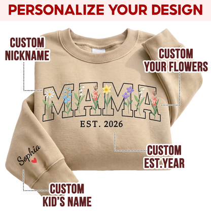 Personalized Mama Wildflower Letters Sweatshirt with Est. Year & Kids Names - Custom Mom Sweatshirt