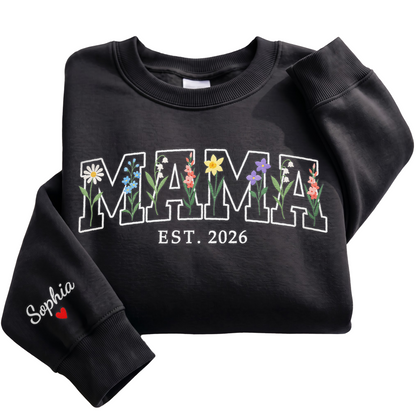 Personalized Mama Wildflower Letters Sweatshirt with Est. Year & Kids Names - Custom Mom Sweatshirt