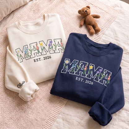 Personalized Mama Wildflower Letters Sweatshirt with Est. Year & Kids Names - Custom Mom Sweatshirt