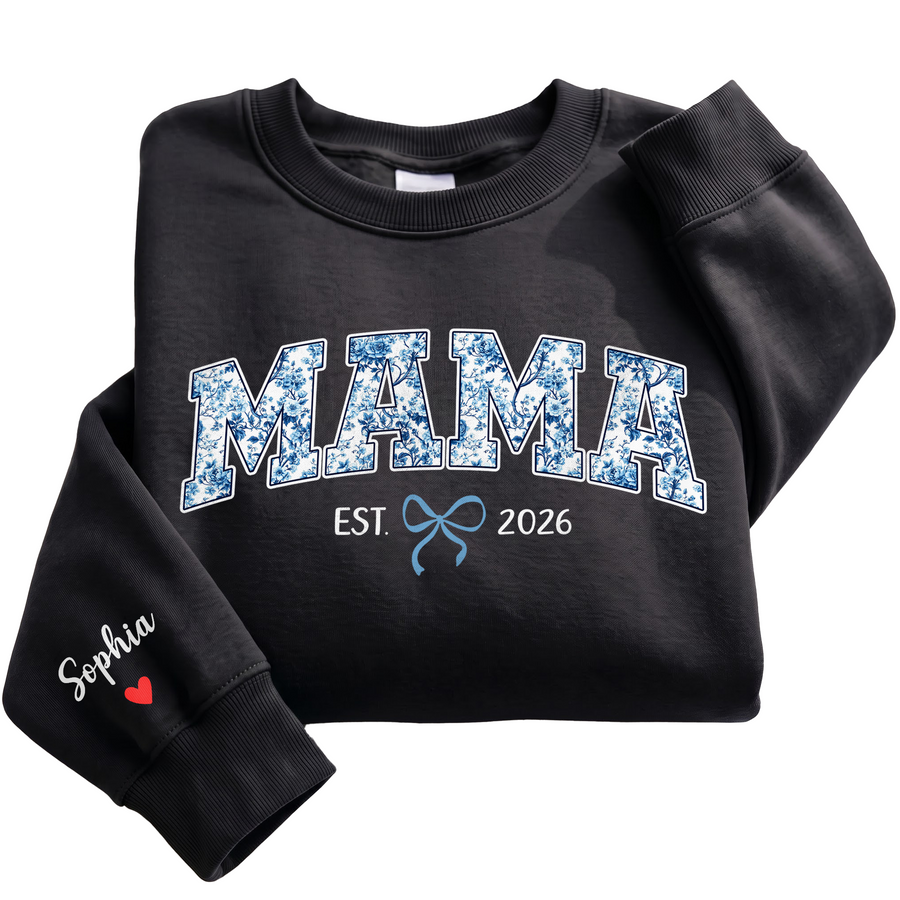 Personalized Mama Blue Floral Sweatshirt with Kids Names - Custom Mom Sweatshirt