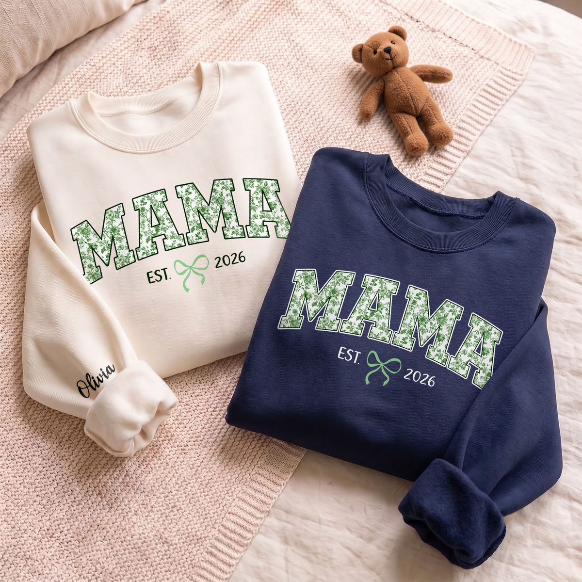 Personalized Mama Green Floral Sweatshirt with Kids Names - Custom Mom Sweatshirt