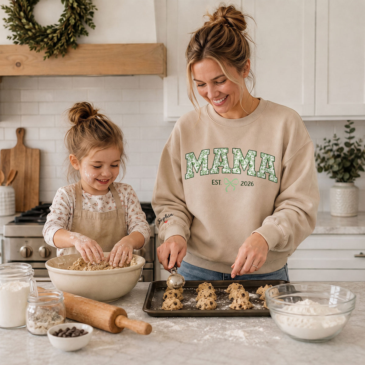 Personalized Mama Green Floral Sweatshirt with Kids Names - Custom Mom Sweatshirt