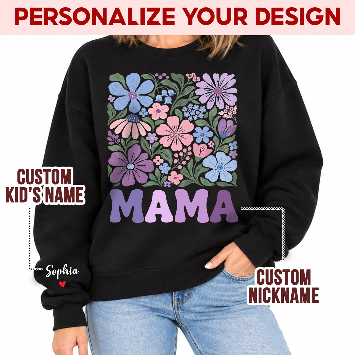 Personalized Mama Pastel Floral Sweatshirt with Kids Names - Custom Mom Sweatshirt