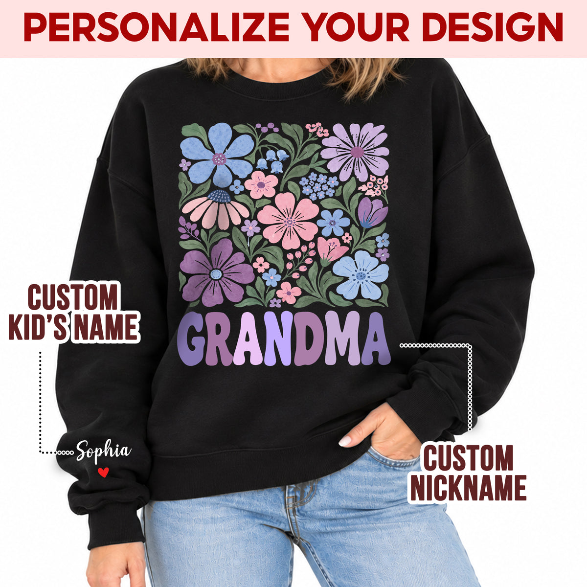 Personalized Grandma Pastel Floral Sweatshirt with Grandkids Names - Custom Grandma Sweatshirt
