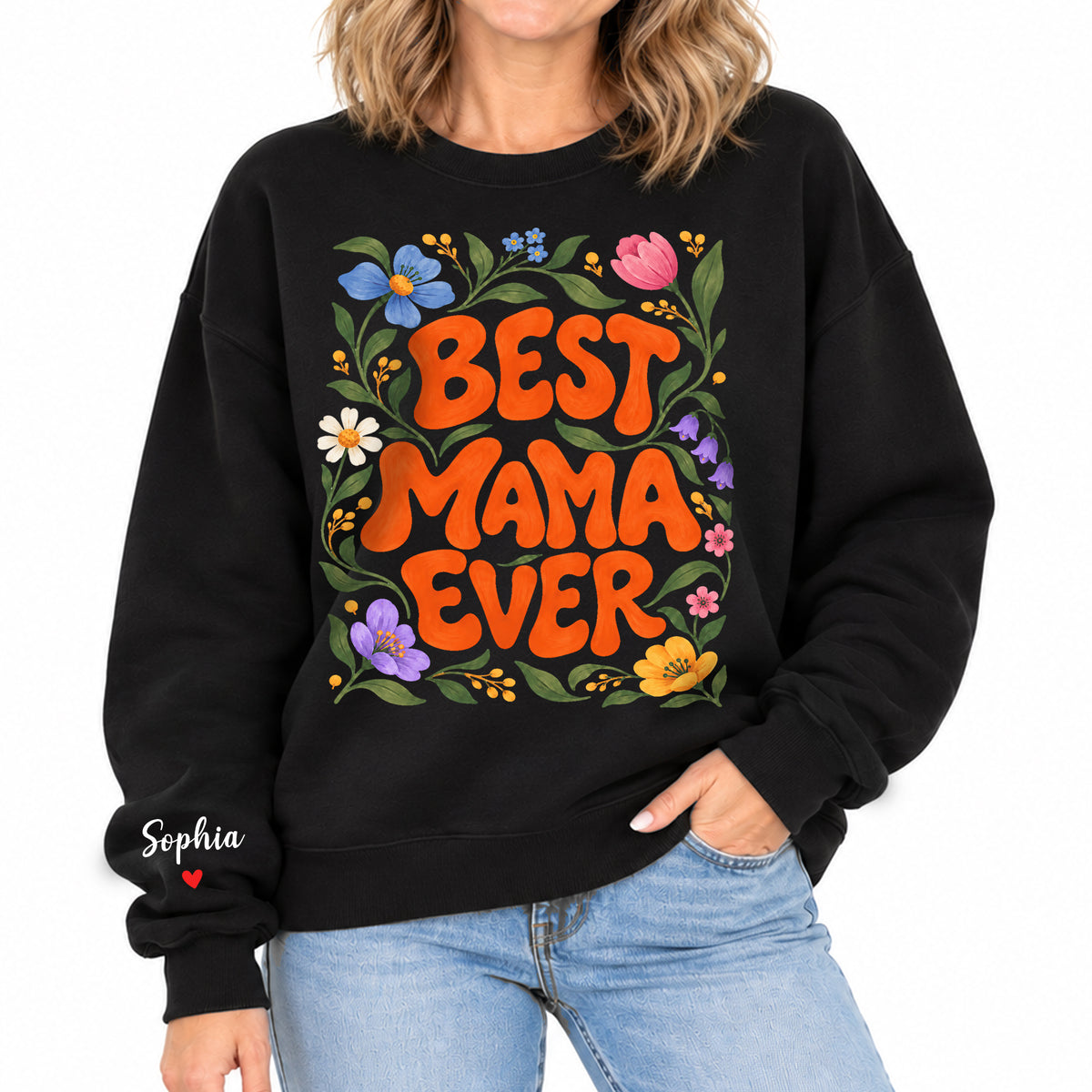 Personalized Best Mama Ever Floral Sweatshirt with Kids Names - Custom Mom Sweatshirt