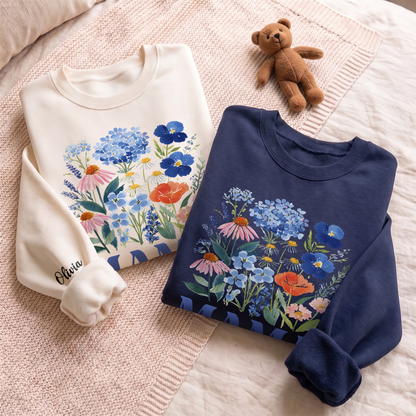Personalized Mama Blue Wildflower Sweatshirt with Kids Names - Custom Mom Sweatshirt
