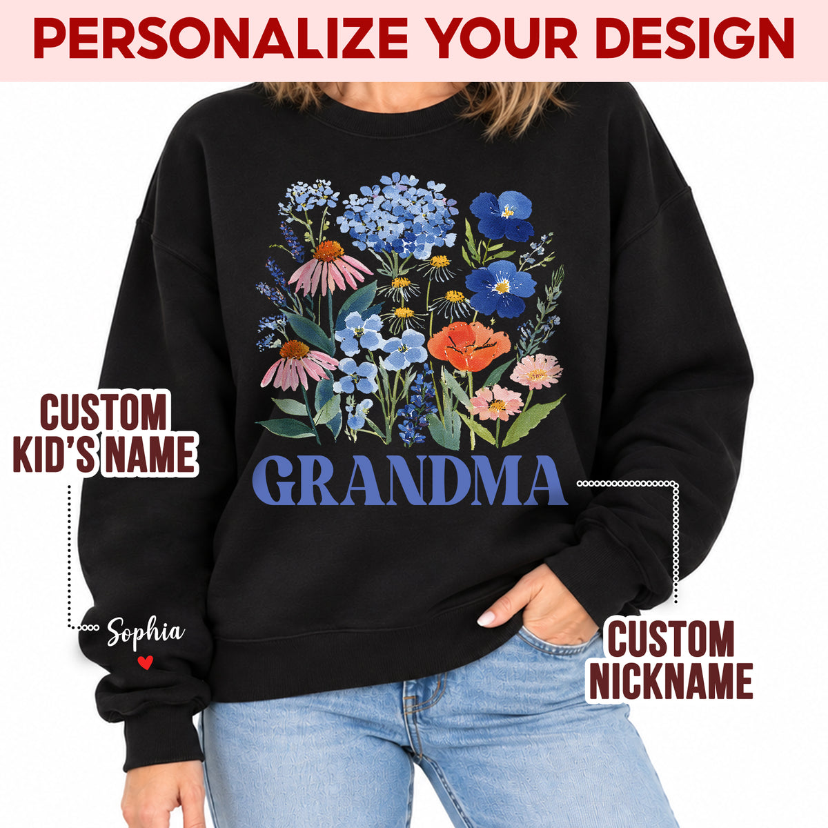 Personalized Grandma Blue Wildflower Sweatshirt with Grandkids Names - Custom Grandma Sweatshirt