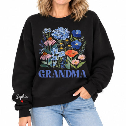 Personalized Grandma Blue Wildflower Sweatshirt with Grandkids Names - Custom Grandma Sweatshirt