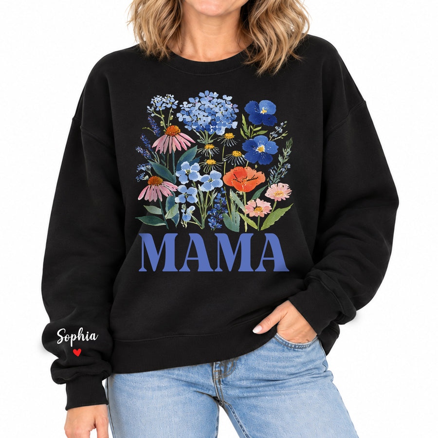 Personalized Mama Blue Wildflower Sweatshirt with Kids Names - Custom Mom Sweatshirt