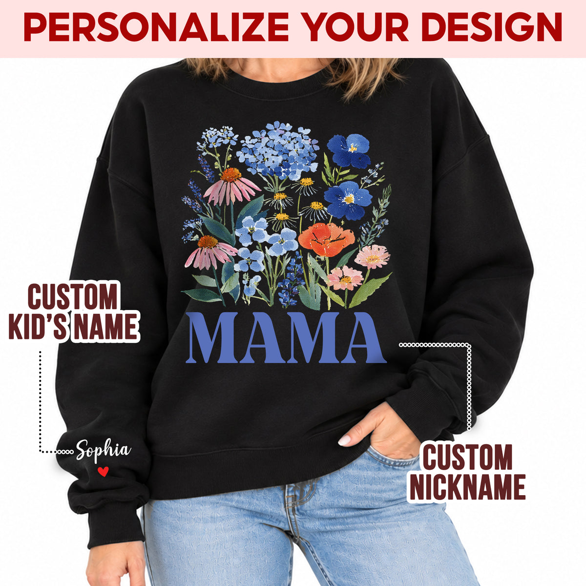 Personalized Mama Blue Wildflower Sweatshirt with Kids Names - Custom Mom Sweatshirt