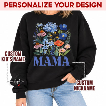 Personalized Mama Blue Wildflower Sweatshirt with Kids Names - Custom Mom Sweatshirt