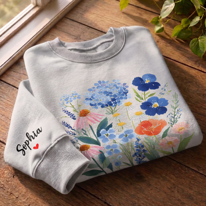Personalized Grandma Blue Wildflower Sweatshirt with Grandkids Names - Custom Grandma Sweatshirt
