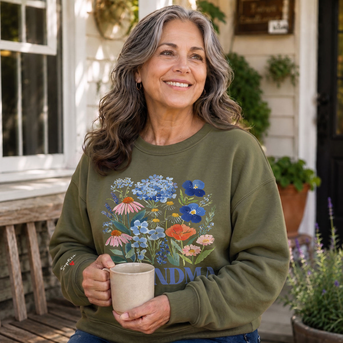 Personalized Grandma Blue Wildflower Sweatshirt with Grandkids Names - Custom Grandma Sweatshirt