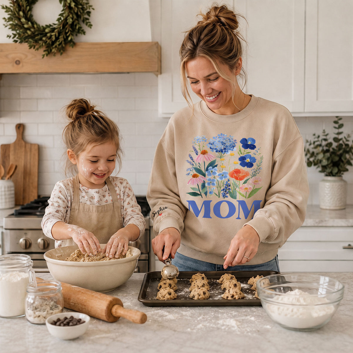 Personalized Mama Blue Wildflower Sweatshirt with Kids Names - Custom Mom Sweatshirt