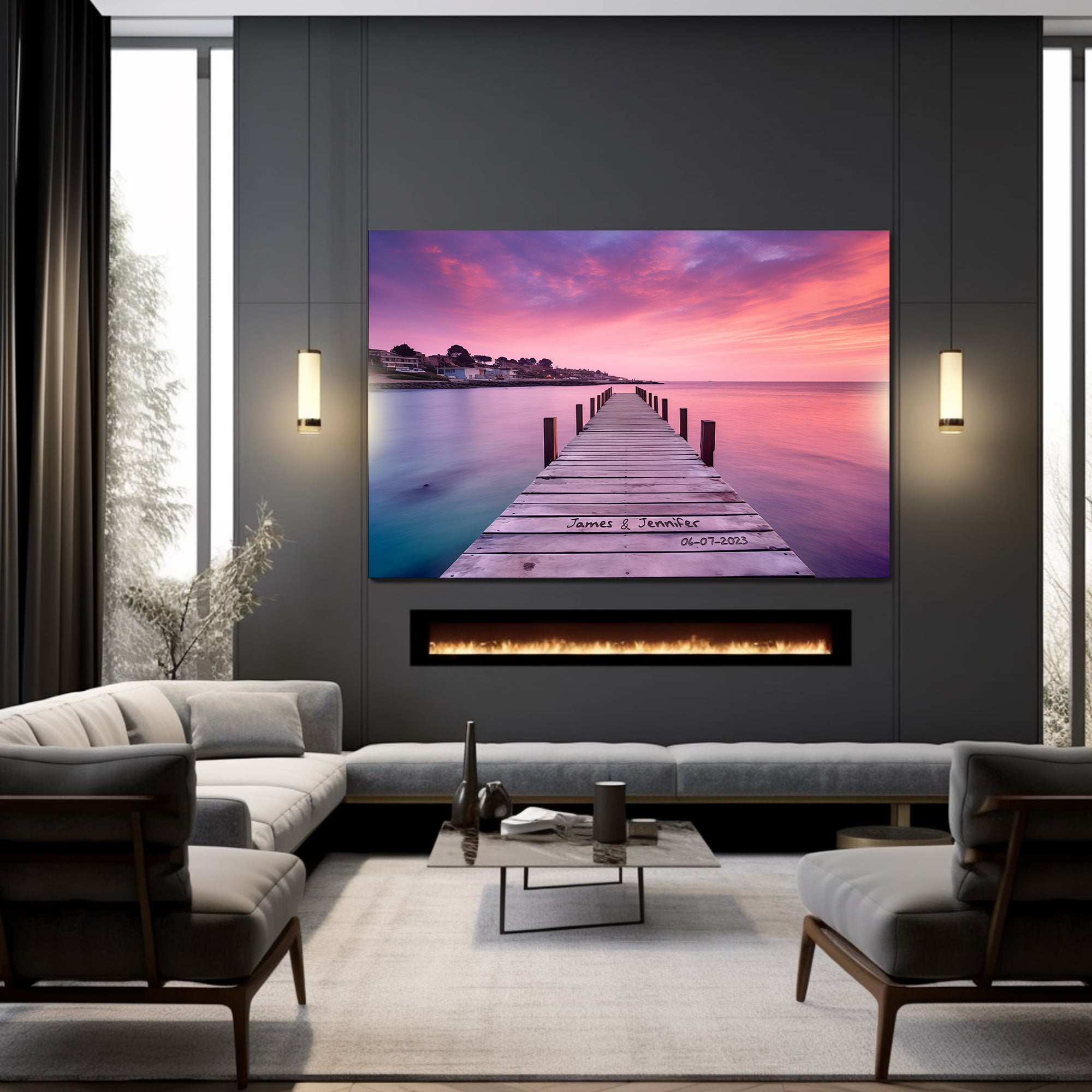 Personalized Couple Canvas with Names Date, Sunset Pier Wall Art for Wedding Anniversary