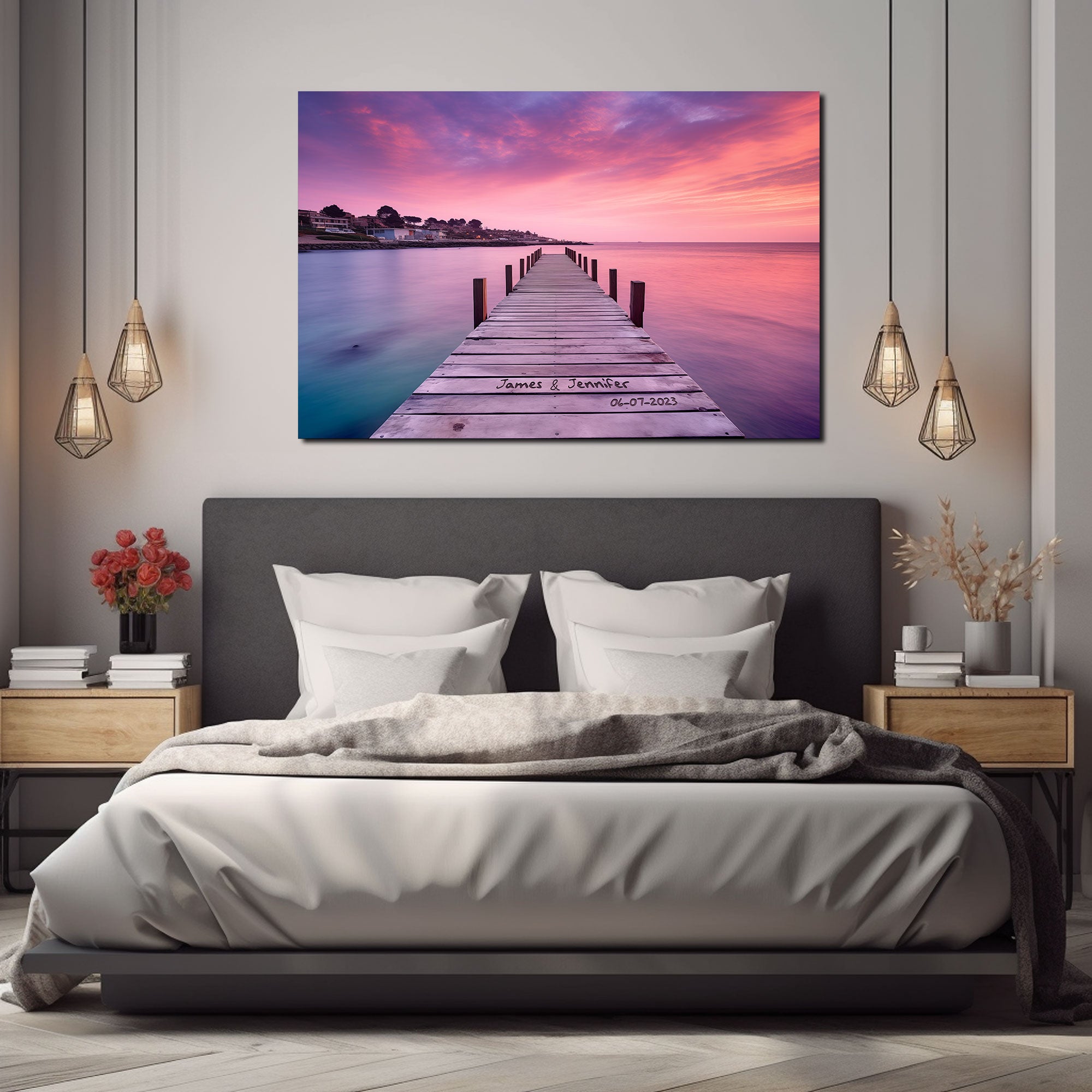 Personalized Couple Canvas with Names Date, Sunset Pier Wall Art for Wedding Anniversary