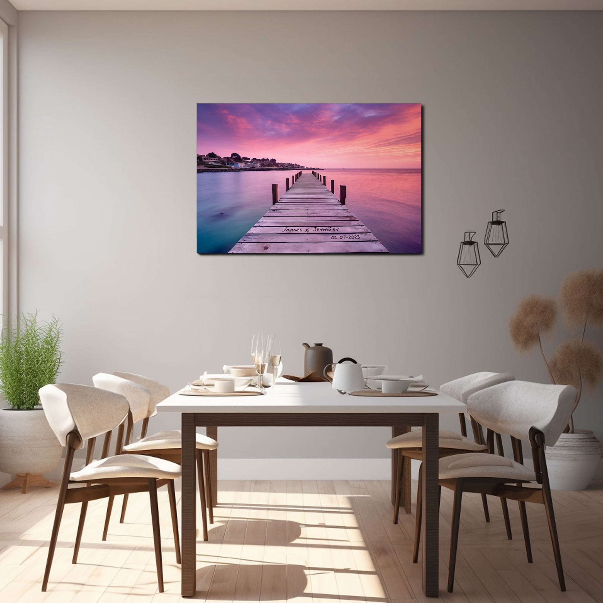 Personalized Couple Canvas with Names Date, Sunset Pier Wall Art for Wedding Anniversary