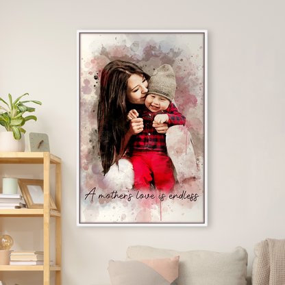Custom Photo Watercolor Mom and Daughter Portrait with Text Canvas - Personalized Wall Art
