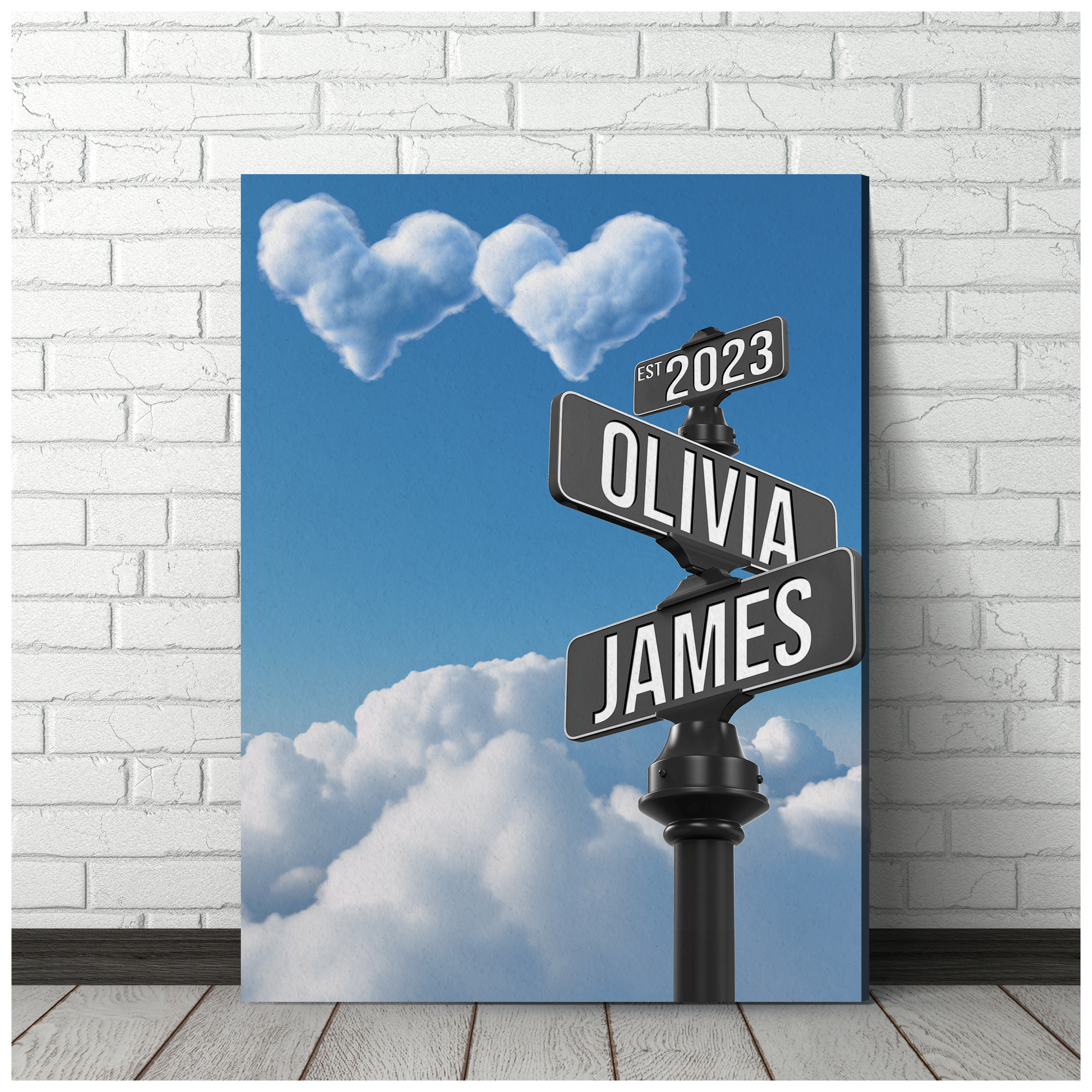 Personalized Crossroads Street Sign For Couples Canvas, Custom Couple Name And Date Wall Art Heart Cloud Sky
