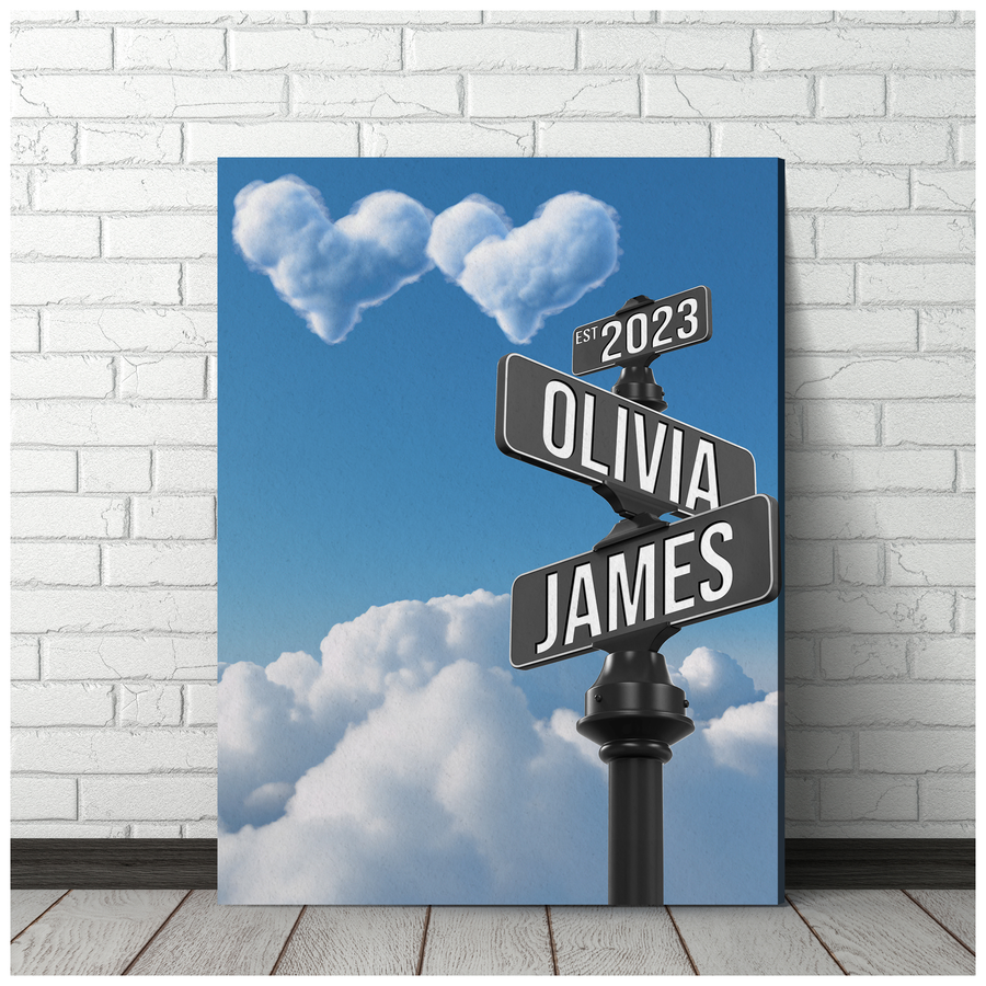 Custom Couple Street Sign Heart Clouds Blue Sky Names & Year Canvas - Personalized Wall Art