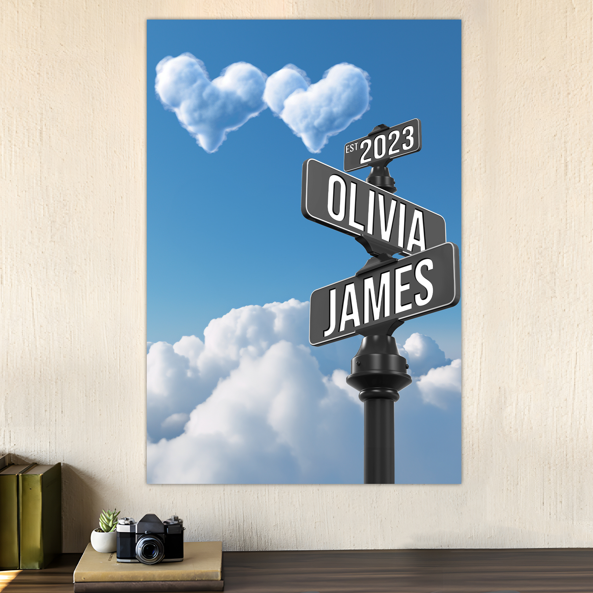 Personalized Crossroads Street Sign For Couples Canvas, Custom Couple Name And Date Wall Art Heart Cloud Sky