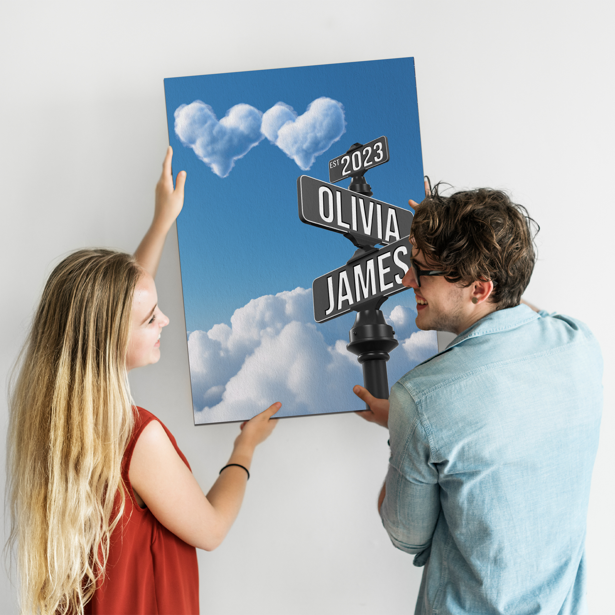 Personalized Crossroads Street Sign For Couples Canvas, Custom Couple Name And Date Wall Art Heart Cloud Sky