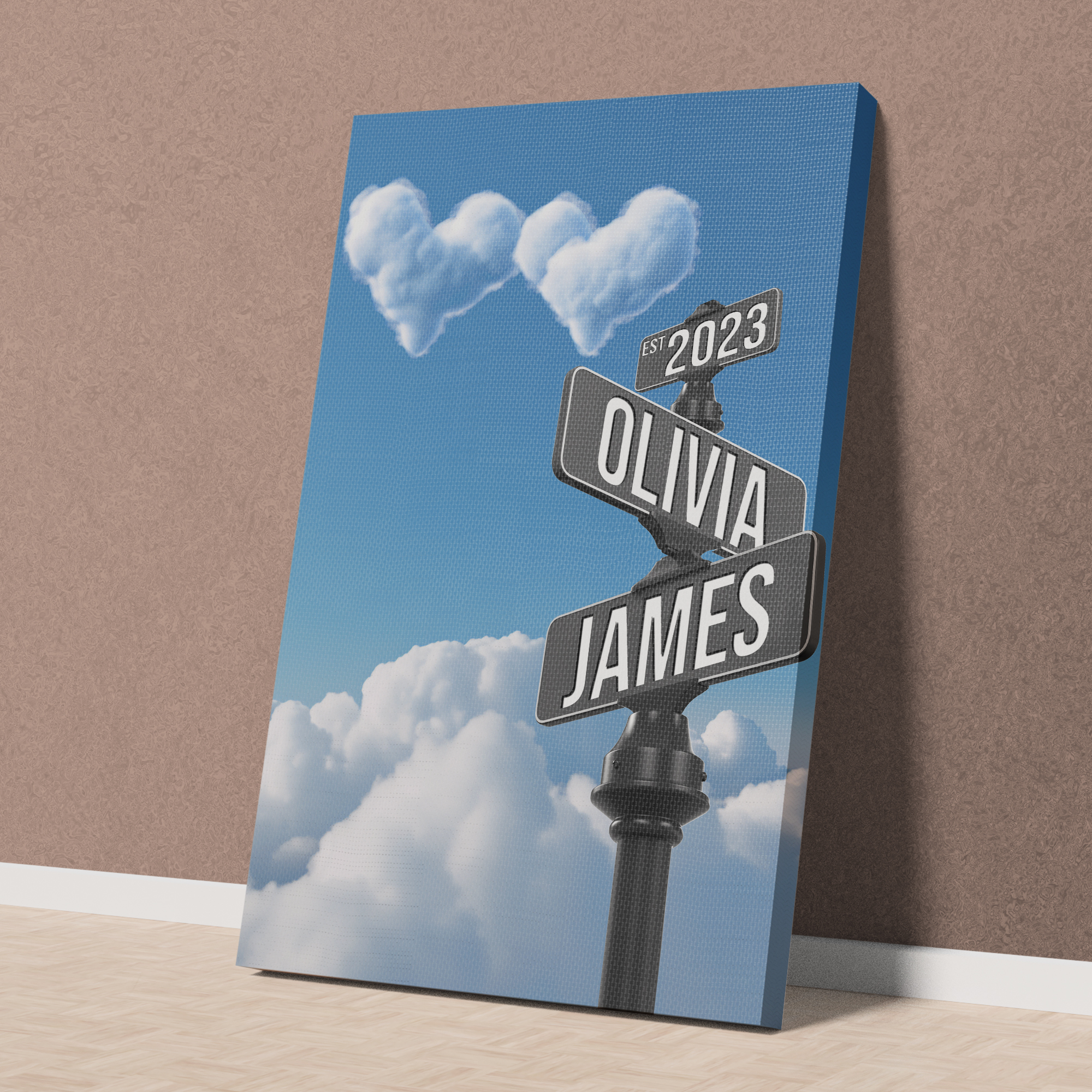 Personalized Crossroads Street Sign For Couples Canvas, Custom Couple Name And Date Wall Art Heart Cloud Sky
