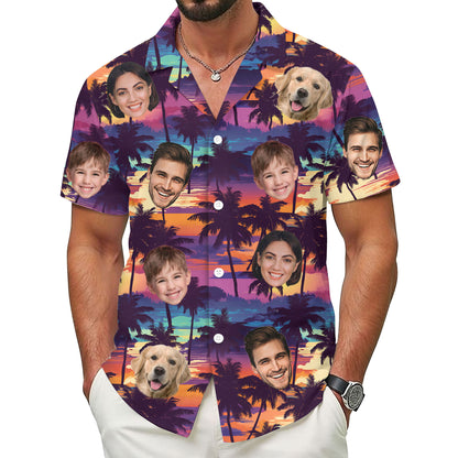 Custom Hawaiian Shirt with Face Purple Sunset Palm - Personalized Pet Face Shirt