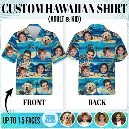 Custom Hawaiian Shirt with Face Blue Beach Island Scene - Personalized Shirt with Multiple Faces