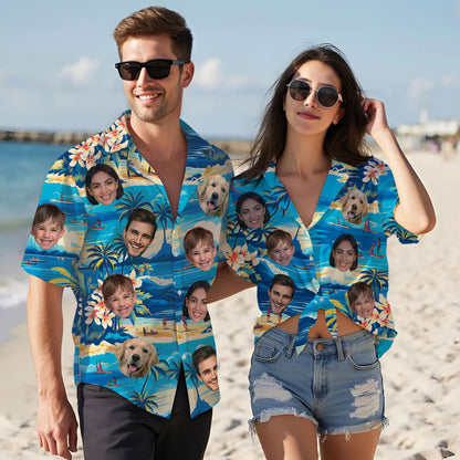 Custom Hawaiian Shirt with Face Blue Beach Island Scene - Personalized Shirt with Multiple Faces