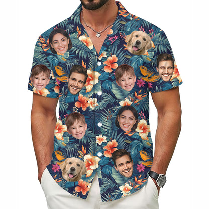 Custom Hawaiian Shirt with Face Navy Orange Hibiscus - Personalized Pet Face Shirt