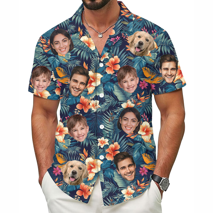 Custom Hawaiian Shirt with Face Navy Orange Hibiscus - Personalized Pet Face Shirt