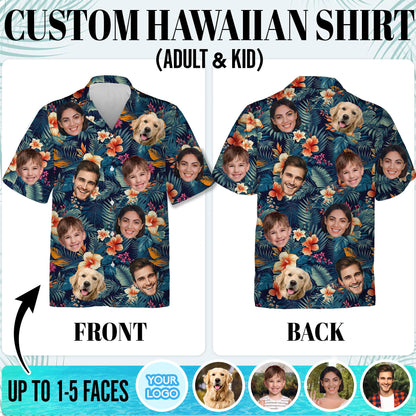 Custom Hawaiian Shirt with Face Navy Orange Hibiscus - Personalized Pet Face Shirt