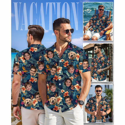 Custom Hawaiian Shirt with Face Navy Orange Hibiscus - Personalized Pet Face Shirt