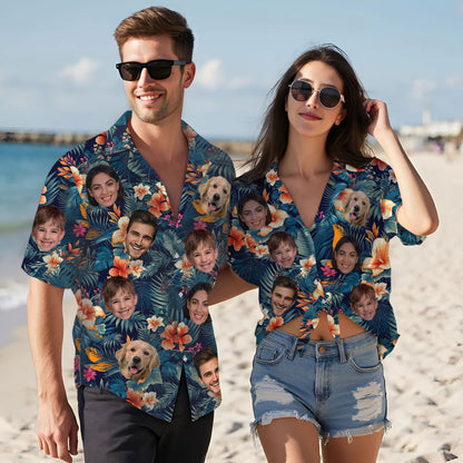 Custom Hawaiian Shirt with Face Navy Orange Hibiscus - Personalized Pet Face Shirt