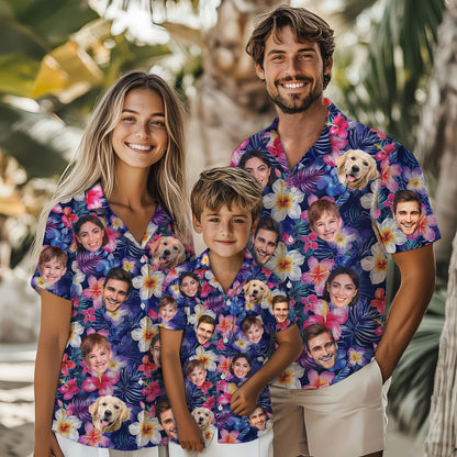 Custom Hawaiian Shirt with Face Purple Blue Floral - Personalized Shirt with Multiple Faces