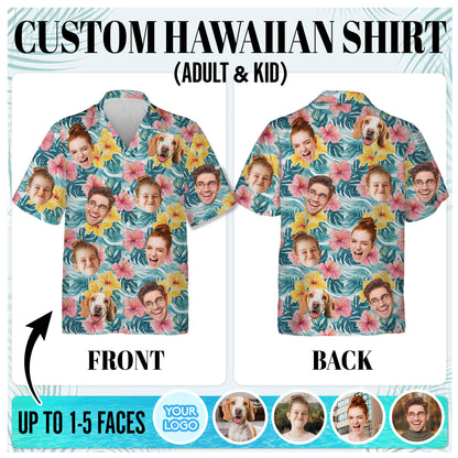 Custom Hawaiian Shirt with Face Teal Wave Pink Hibiscus - Personalized Pet Face Shirt