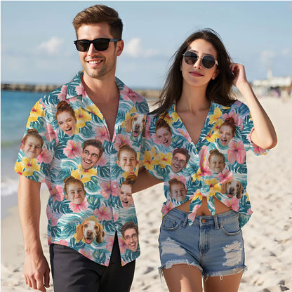 Custom Hawaiian Shirt with Face Teal Wave Pink Hibiscus - Personalized Pet Face Shirt
