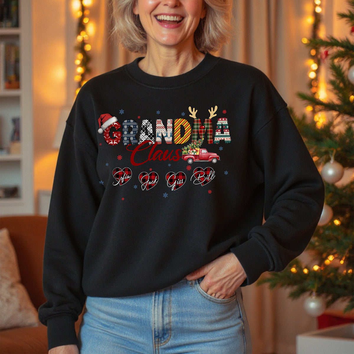 Personalized Grandma Claus Sweatshirt with Grandkids Names - Custom Grandma Sweatshirt