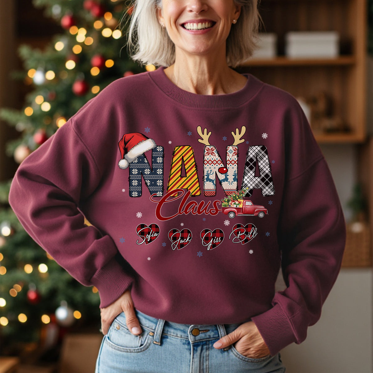 Personalized Nana Claus Sweatshirt with Grandkids Names - Custom Grandma Sweatshirt