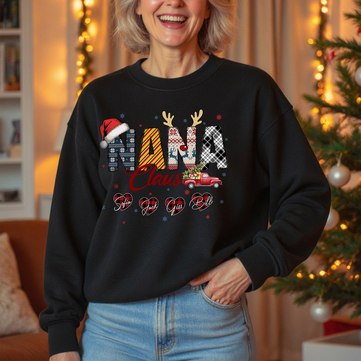 Personalized Nana Claus Sweatshirt with Grandkids Names - Custom Grandma Sweatshirt