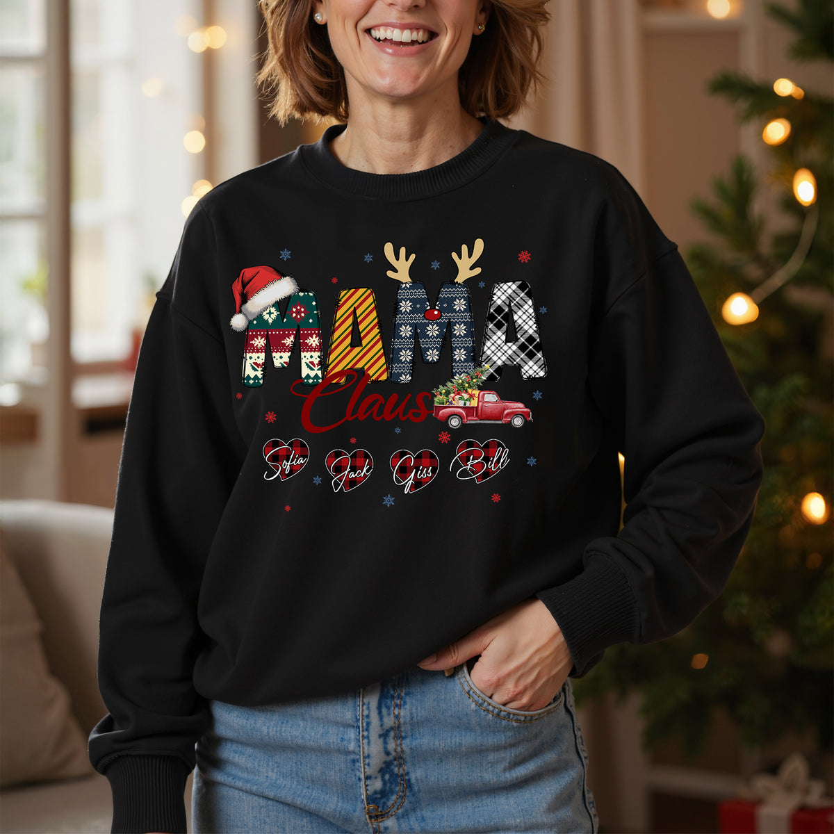 Personalized Mama Claus Sweatshirt with Names - Custom Mom Sweatshirt