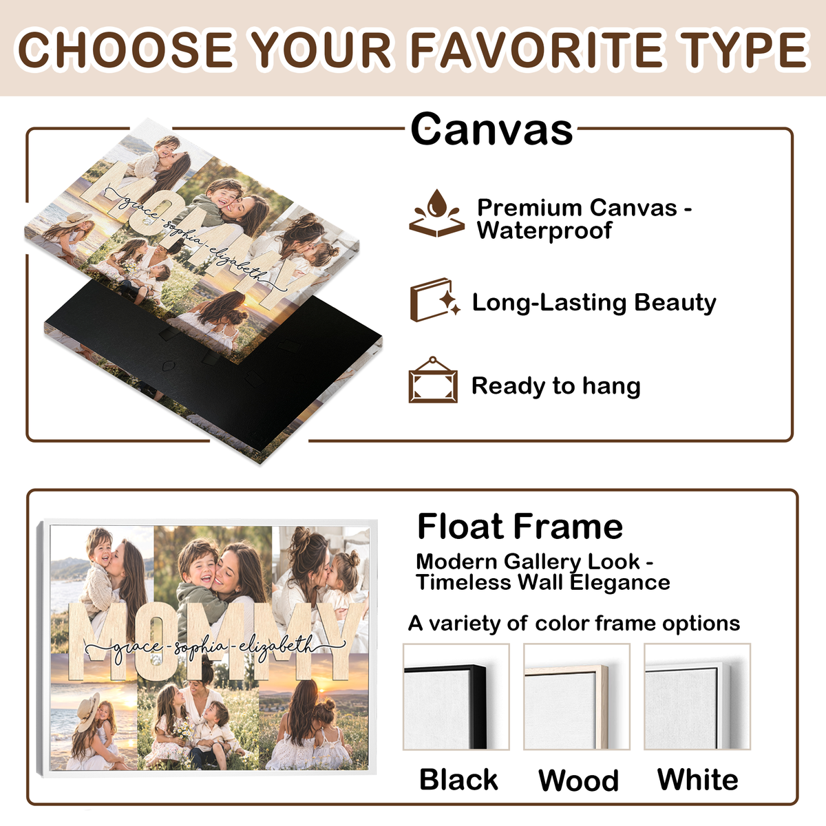 Custom Photo Mom Collage 6 Photos Mommy with Kids Names Canvas - Personalized Wall Art