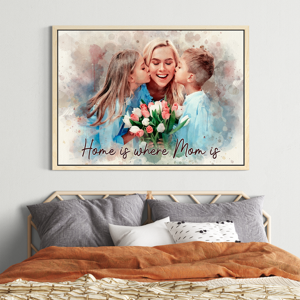 Custom Photo Watercolor Mom and Daughter Portrait with Text Canvas - Personalized Wall Art