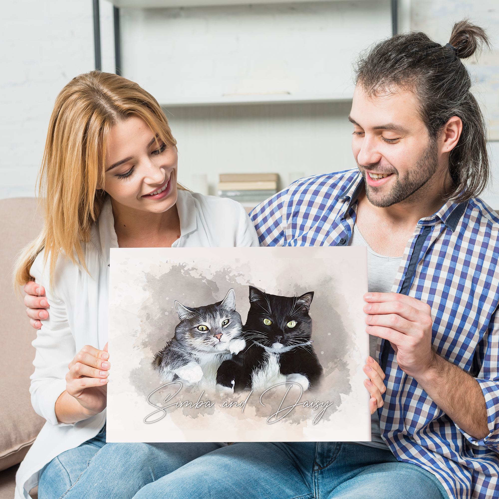 Custom Watercolor Cat Portrait Canvas, Personalized Gift for Cat Lovers