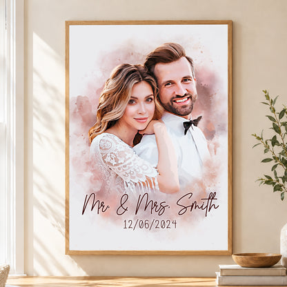 Custom Photo Watercolor Wedding Portrait Mr and Mrs with Date - Personalized Wrapped Canvas