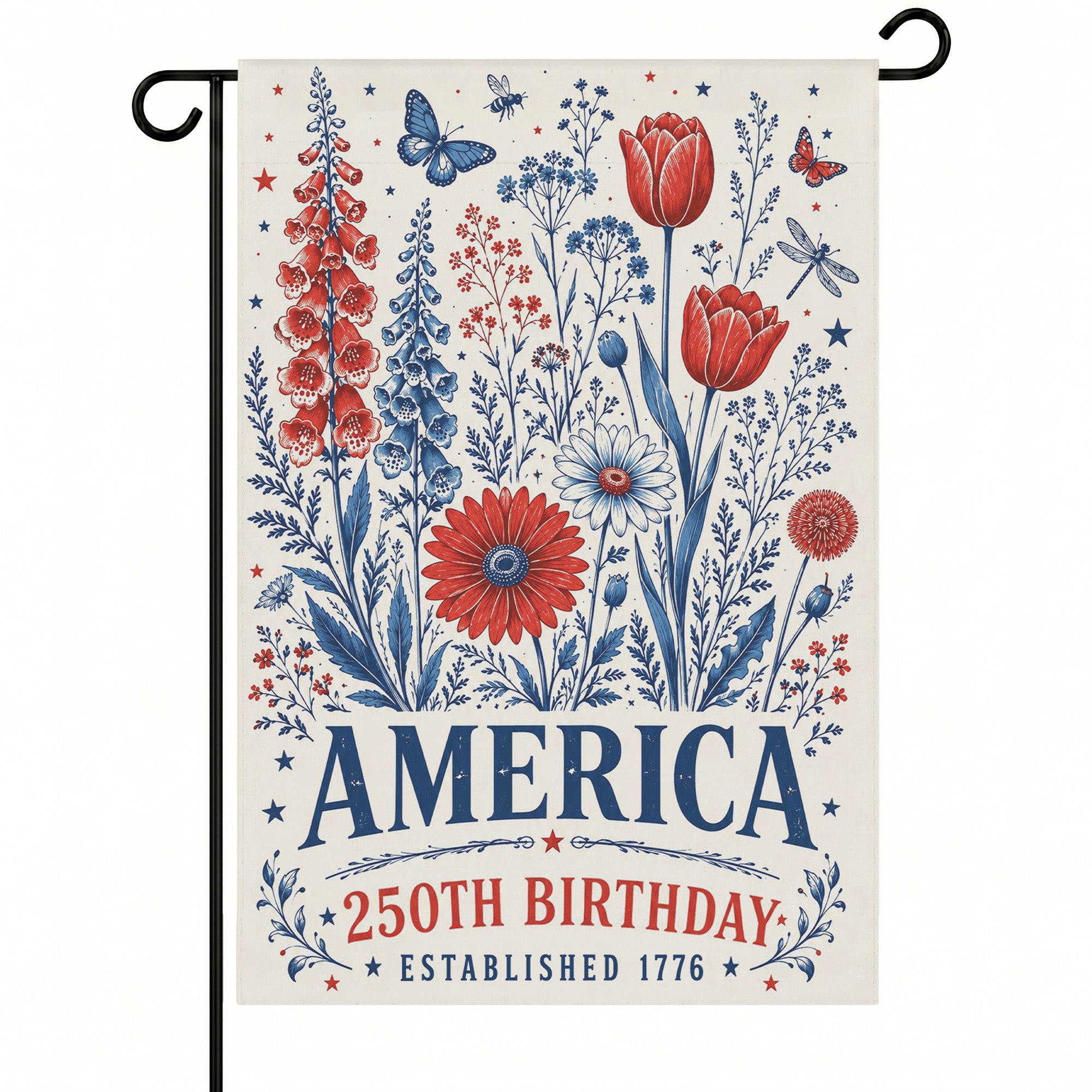 America 250th Birthday Foxglove Daisy Tulip Flag - Patriotic USA Garden Flag - 4th of July Decor