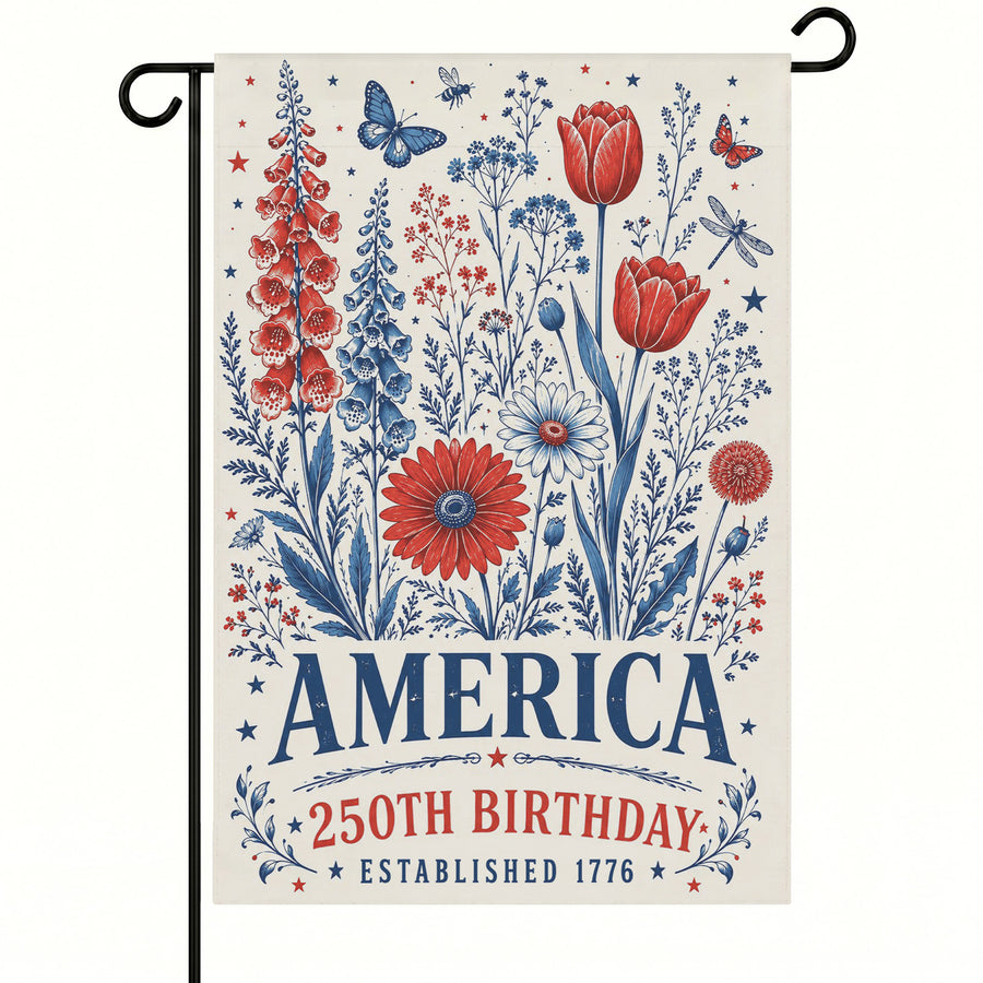 America 250th Red White Blue Wildflower Patriotic Garden Flag - Outdoor Yard Decor
