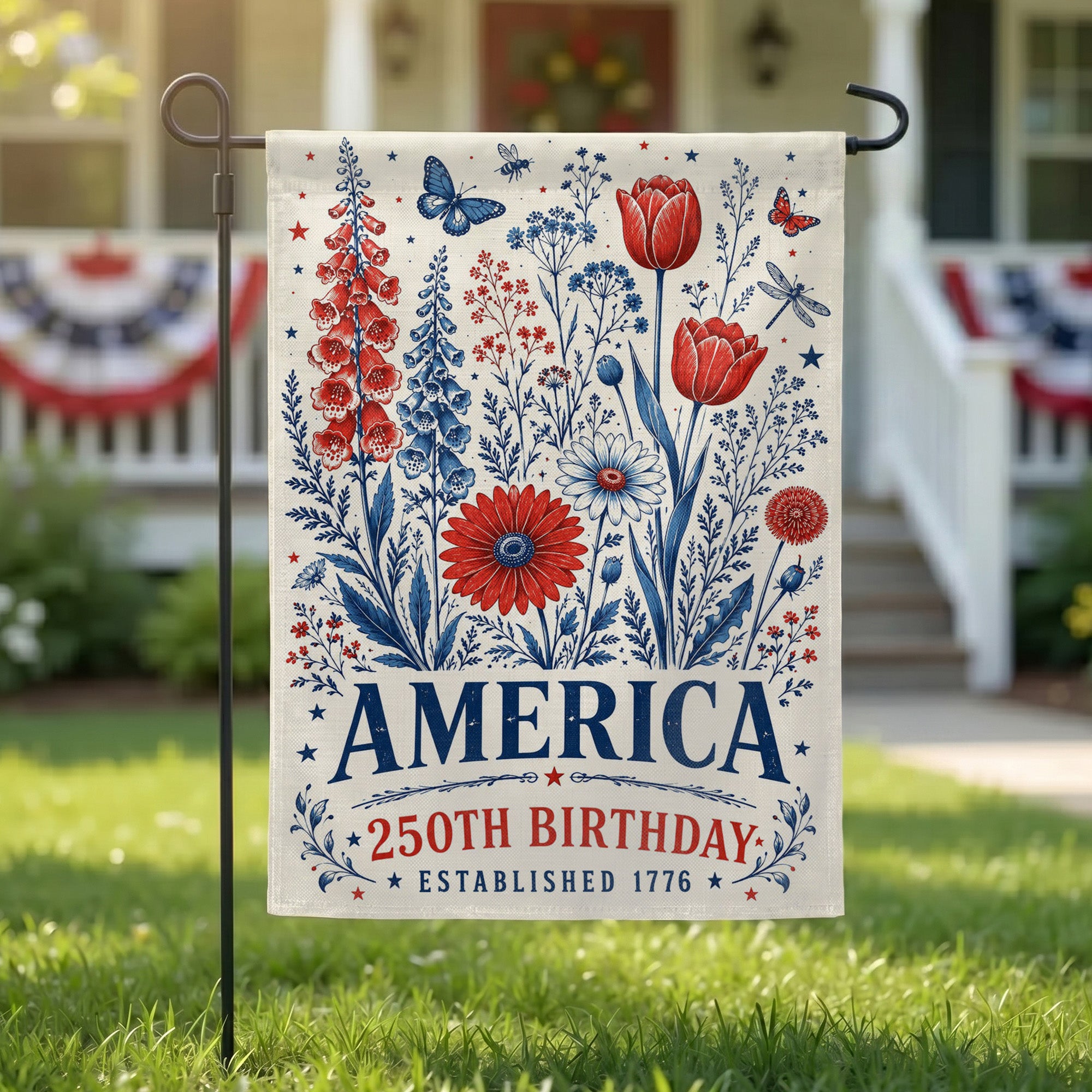 America 250th Birthday Foxglove Daisy Tulip Flag - Patriotic USA Garden Flag - 4th of July Decor