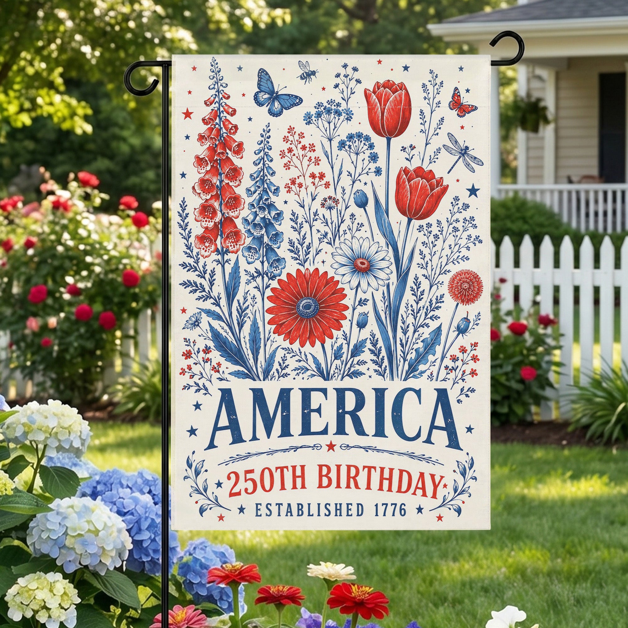 America 250th Birthday Foxglove Daisy Tulip Flag - Patriotic USA Garden Flag - 4th of July Decor